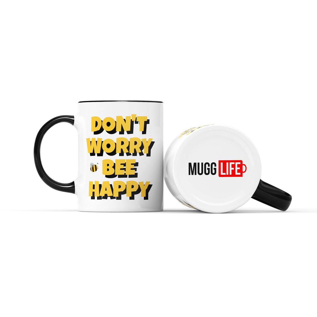 Bee happy mug next to the base of a mug