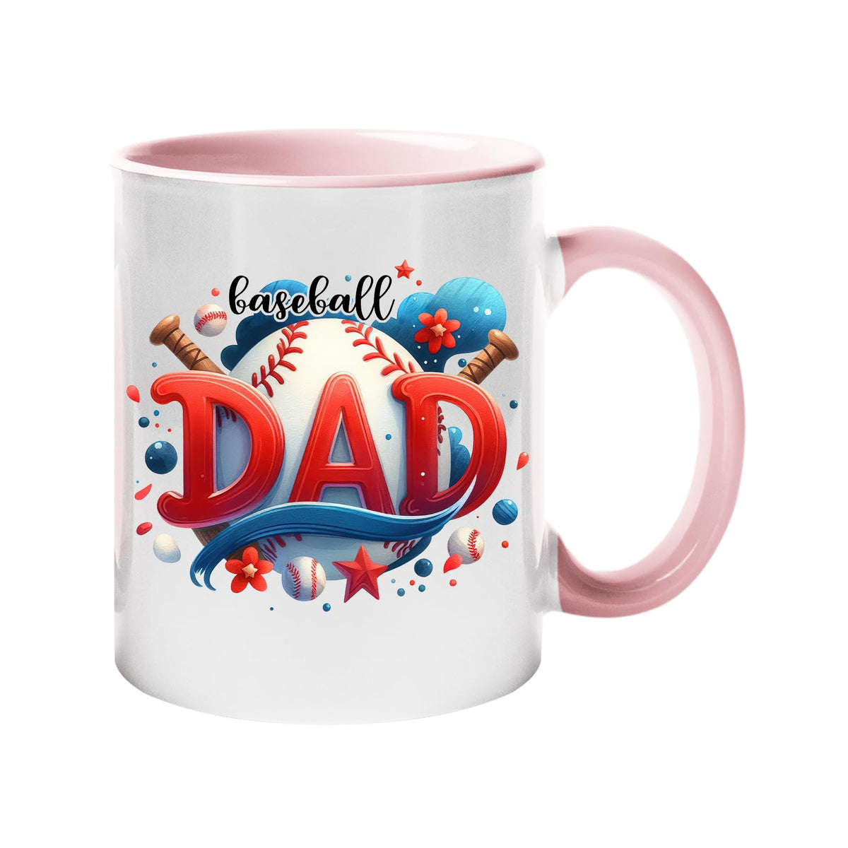 Colour handle mug with “Baseball DAD” in bold red letters with a baseball and bats – light pink handle and inside