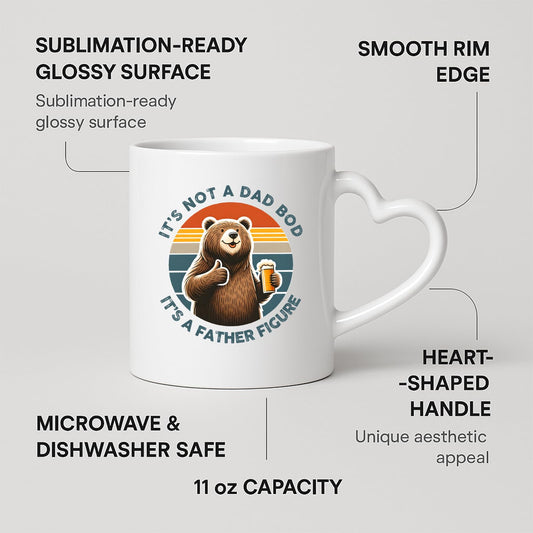 Heart-handle mug with labels for 11oz capacity, glossy surface and heart-shaped handle