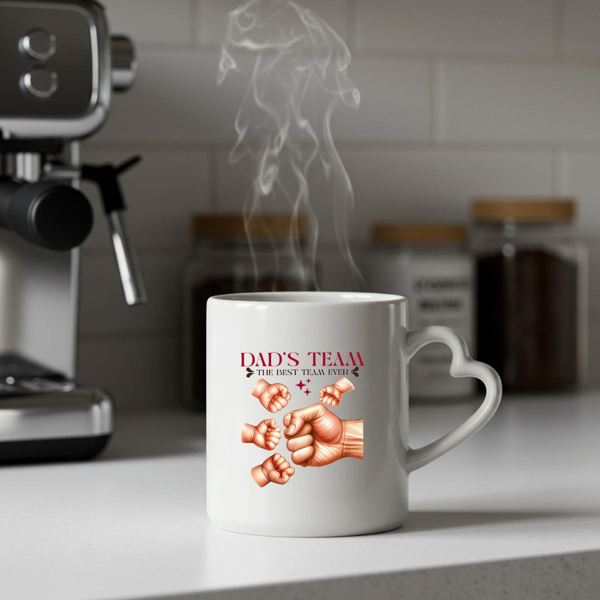 Steaming Dad’s Team fist bump heart-handle mug on a kitchen counter