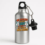Silver aluminium water bottle with two leaping fish and “We hooked the best Dad! No trout about it! You totally kick bass!”