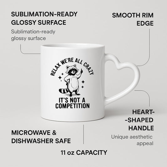 Heart-handle mug with labels for 11oz capacity, glossy surface and heart-shaped handle