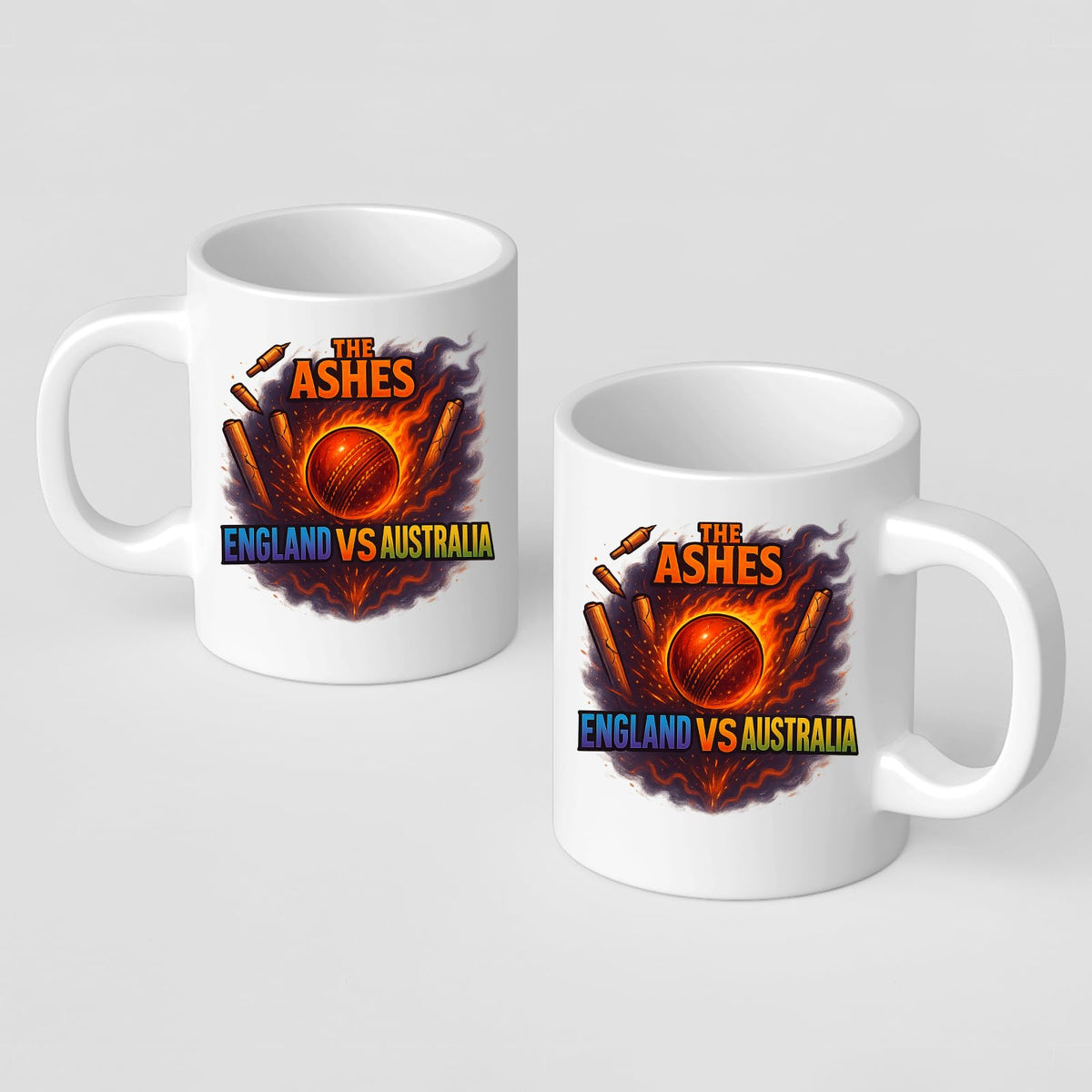Two Ashes cricket mugs side by side