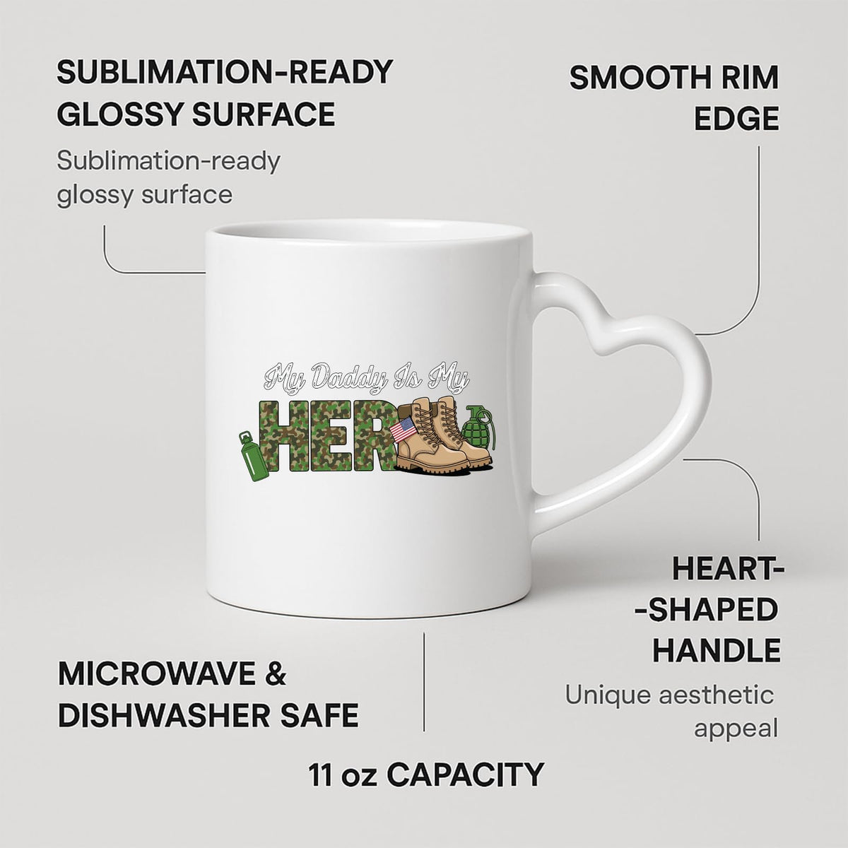 Heart-handle mug with labels for 11oz capacity, glossy surface and heart-shaped handle