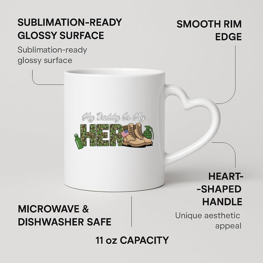 Heart-handle mug with labels for 11oz capacity, glossy surface and heart-shaped handle