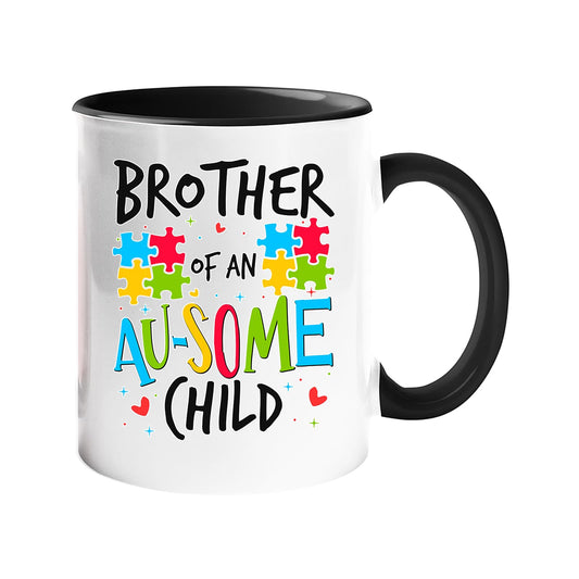 Colour handle mug with “Brother of an AU-SOME child” with colourful puzzle pieces – black handle and inside