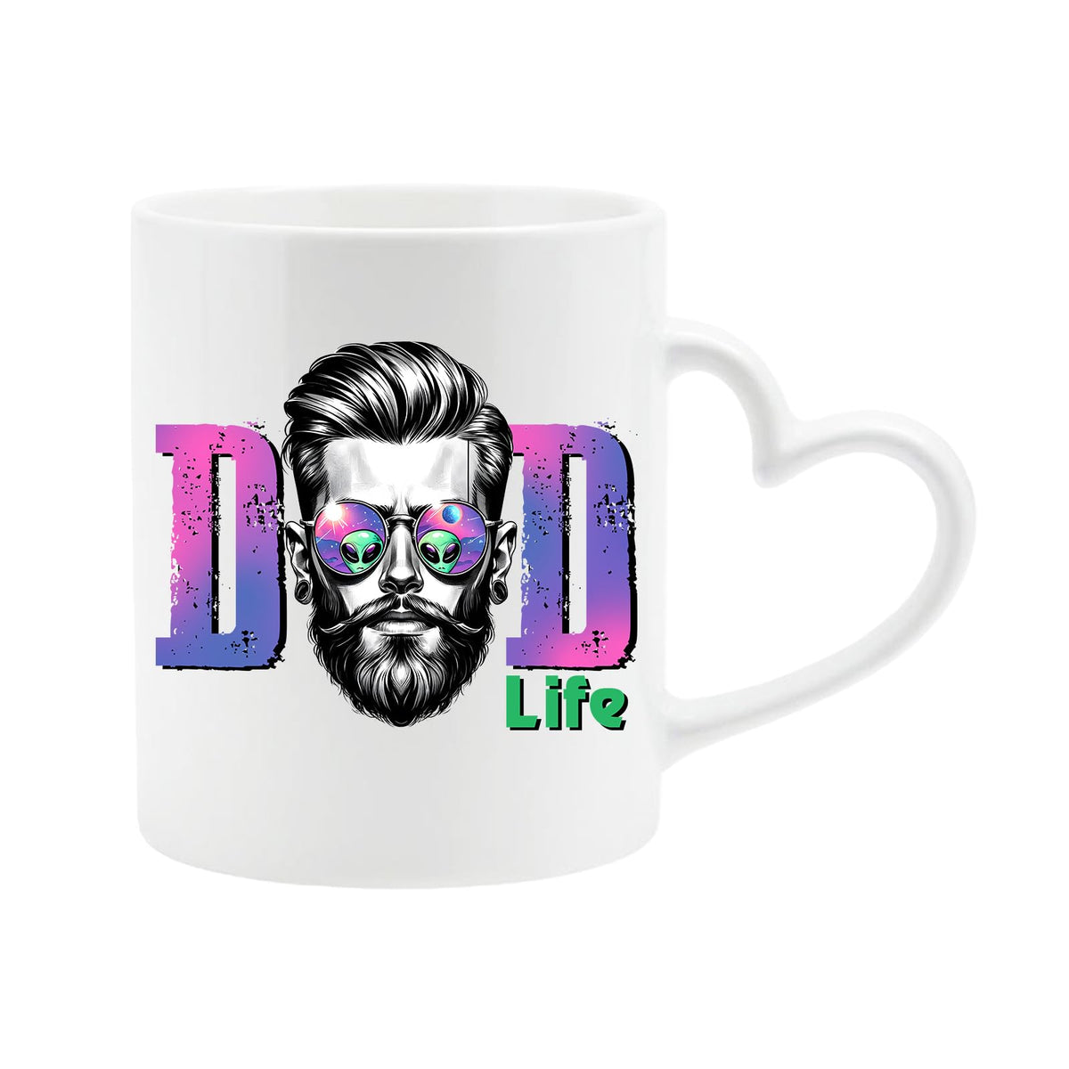 White heart-handle mug with a bearded dad in sunglasses between pink “DAD” letters signed “Life”