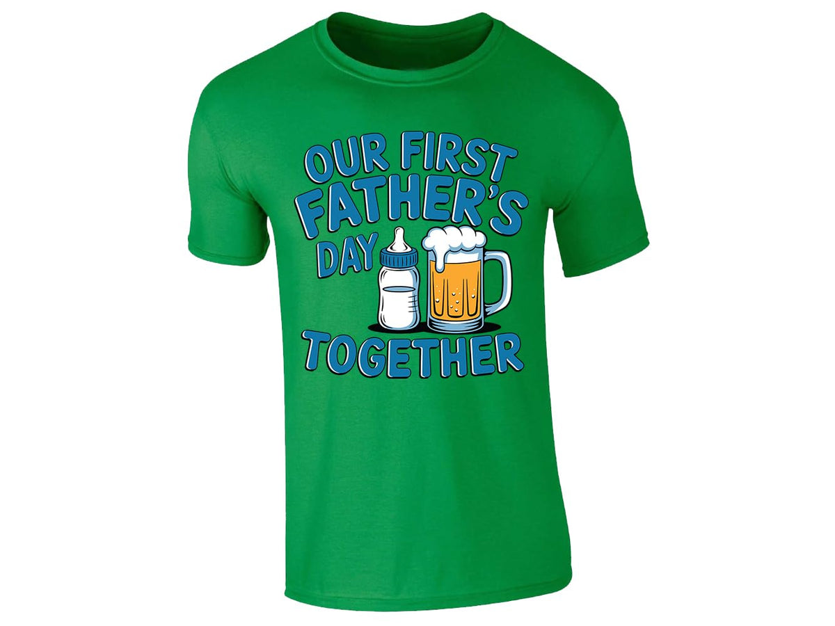 Irish Green men's T-shirt with “Our first Father’s Day together” baby bottle and beer design
