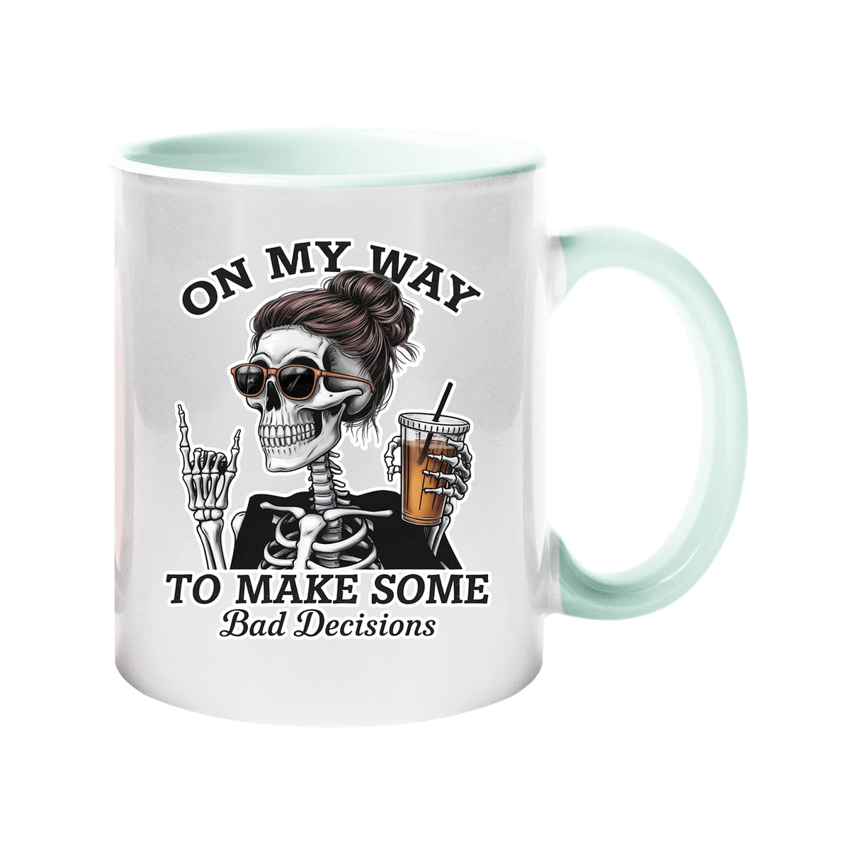 Colour handle mug with a skeleton with sunglasses and an iced coffee and “On my way to make some bad decisions” – lime handle and inside