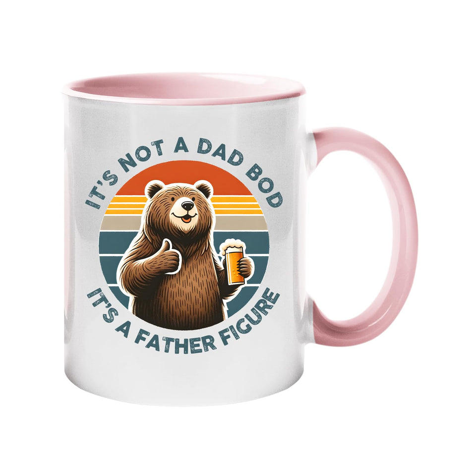 Colour handle mug with a thumbs-up bear with a beer on a retro sunset and “It’s not a dad bod, it’s a father figure” – light pink handle and inside
