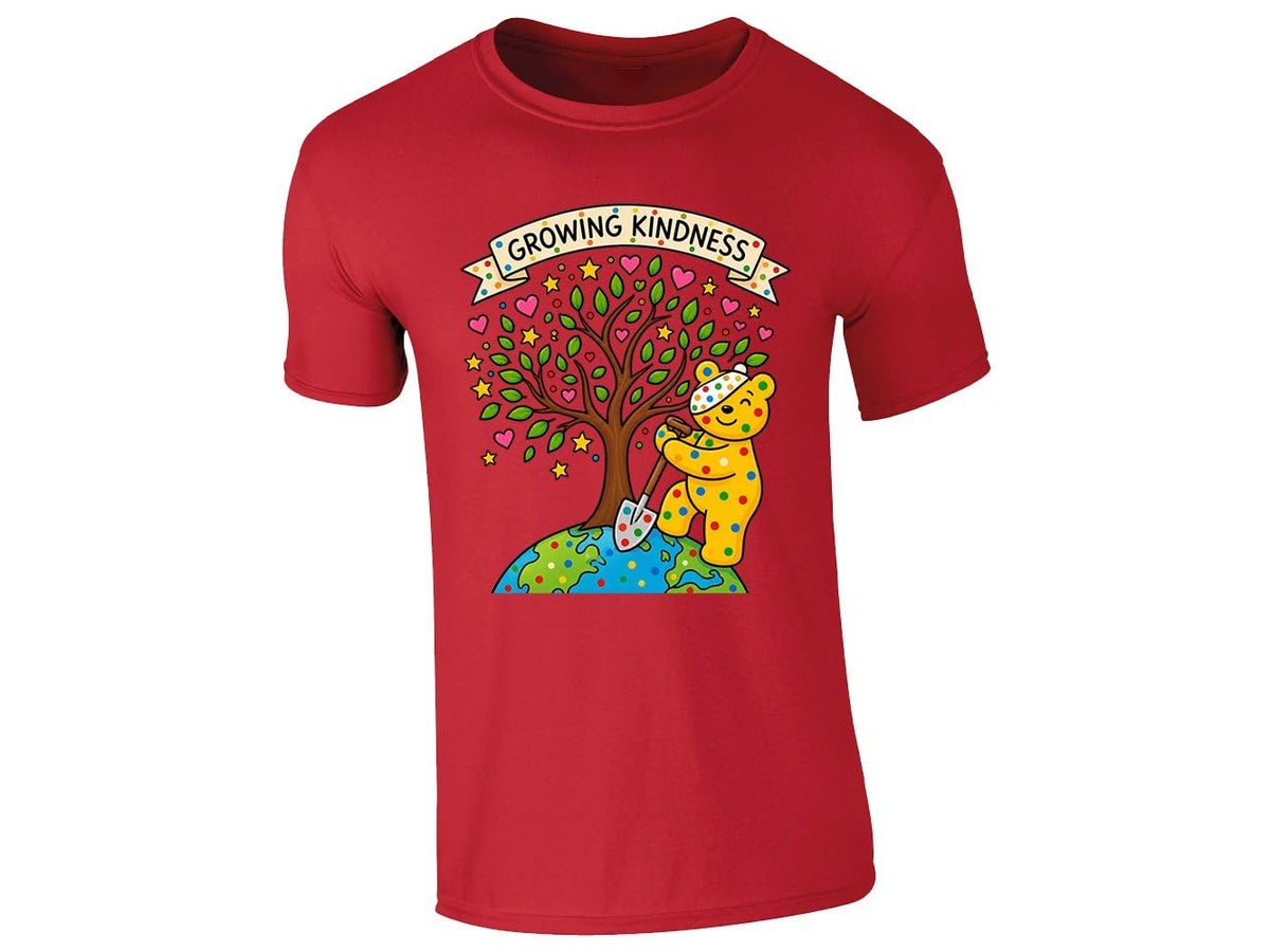 Red kids' T-shirt with “Growing Kindness” spotty bear and heart tree design