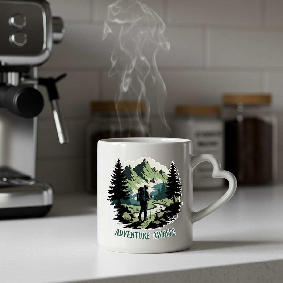 Steaming Adventure Awaits hiker heart-handle mug on a kitchen counter