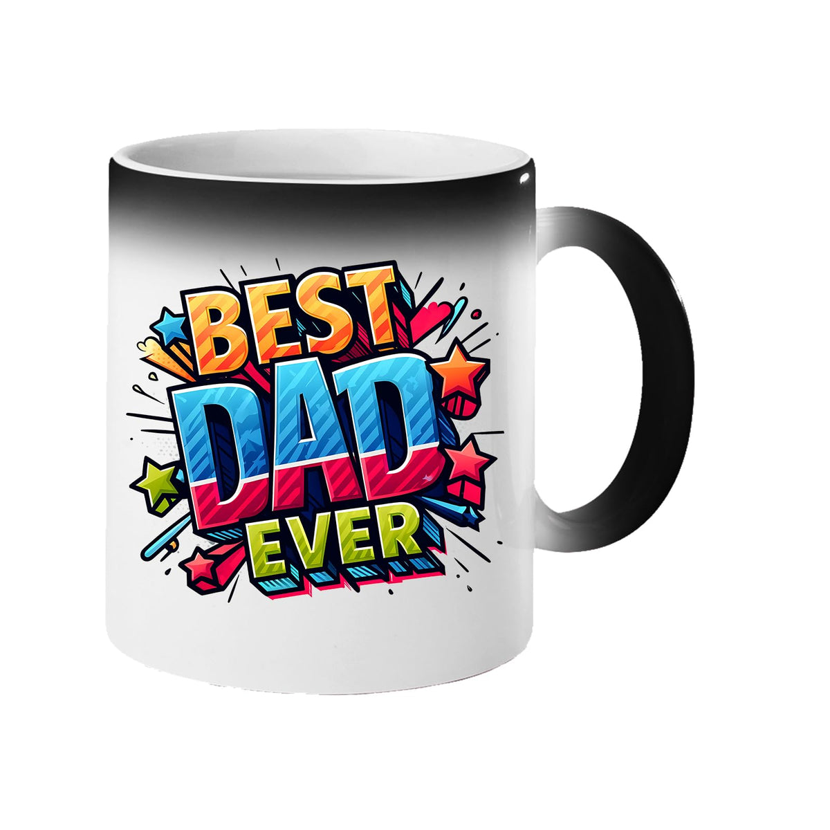 Colour changing mug revealing “Best Dad Ever” in bold comic-book lettering with stars