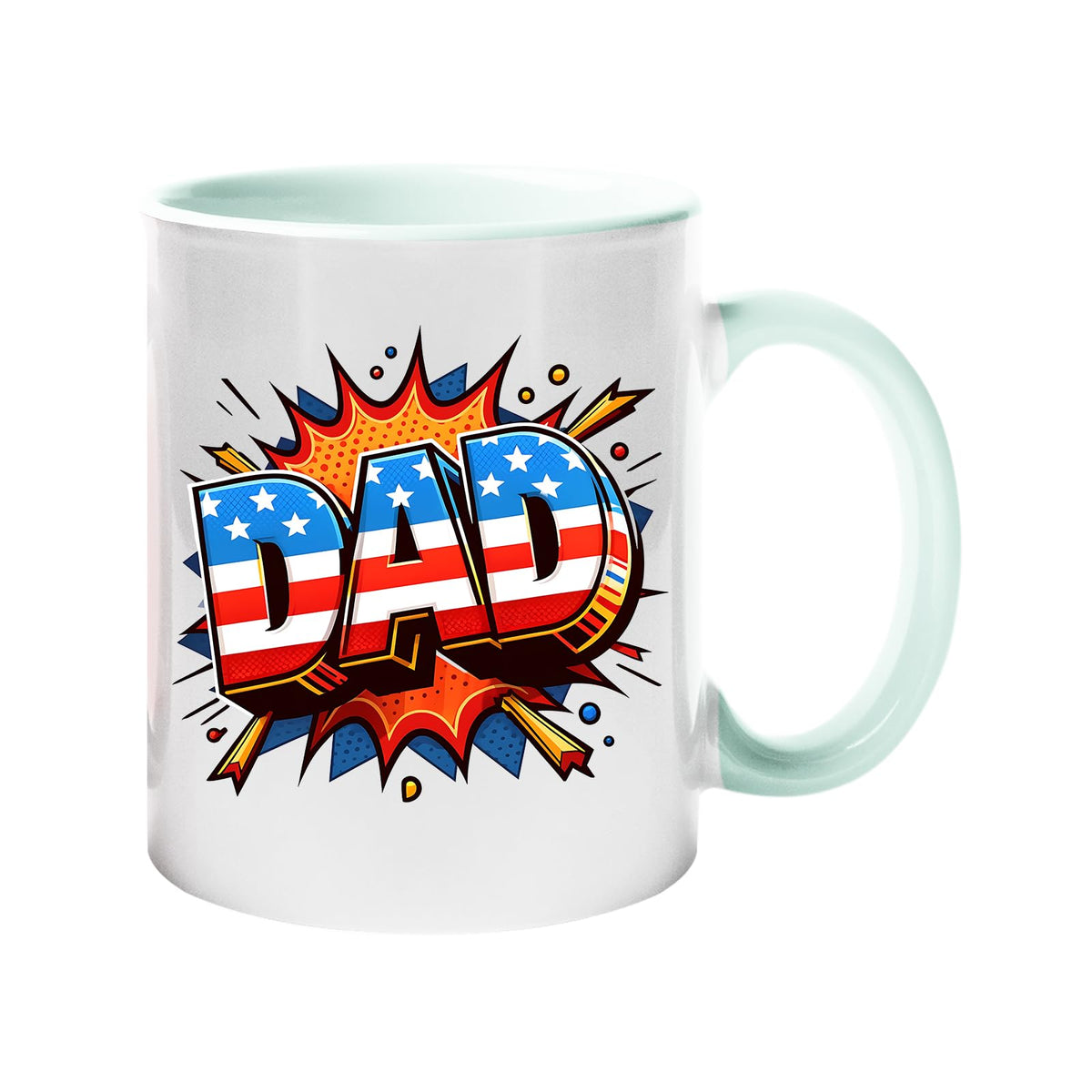 Colour handle mug with a comic-style “DAD” in stars and stripes on a starburst – lime handle and inside