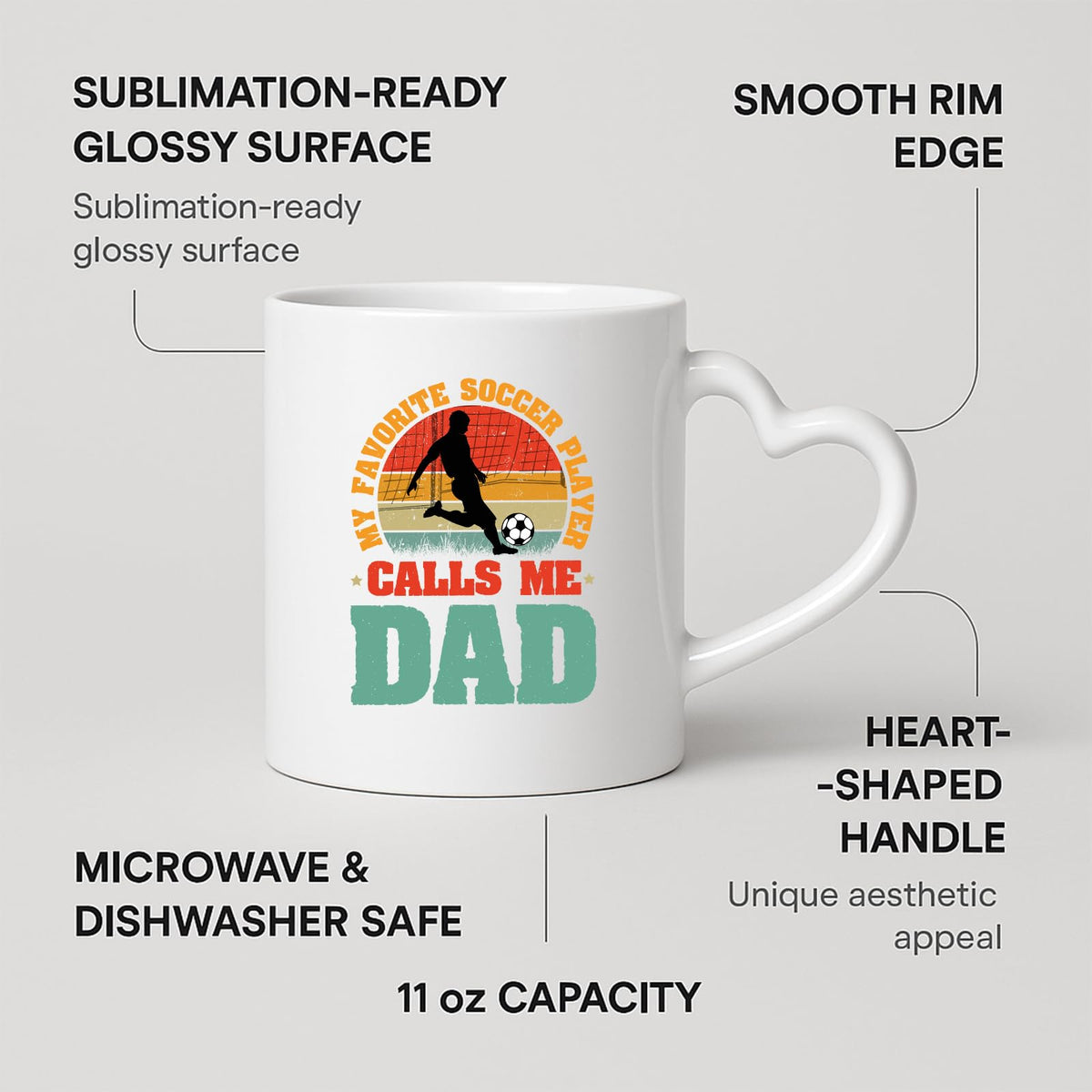 Heart-handle mug with labels for 11oz capacity, glossy surface and heart-shaped handle