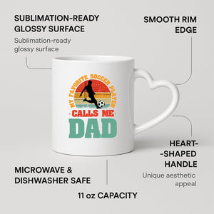 Soccer Dad heart-handle mug on a marble counter with fruit