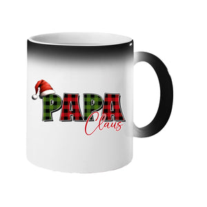 Colour changing mug revealing “Papa” in red and green plaid with a Santa hat and “Claus” in script