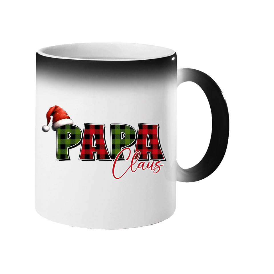 Colour changing mug revealing “Papa” in red and green plaid with a Santa hat and “Claus” in script