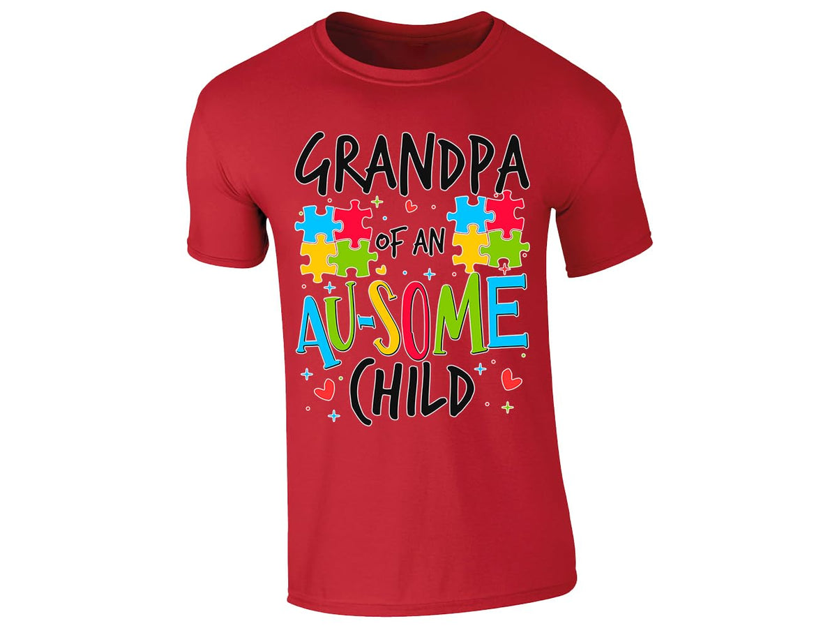 Red men's T-shirt with “Grandpa of an Au-some child” puzzle piece design