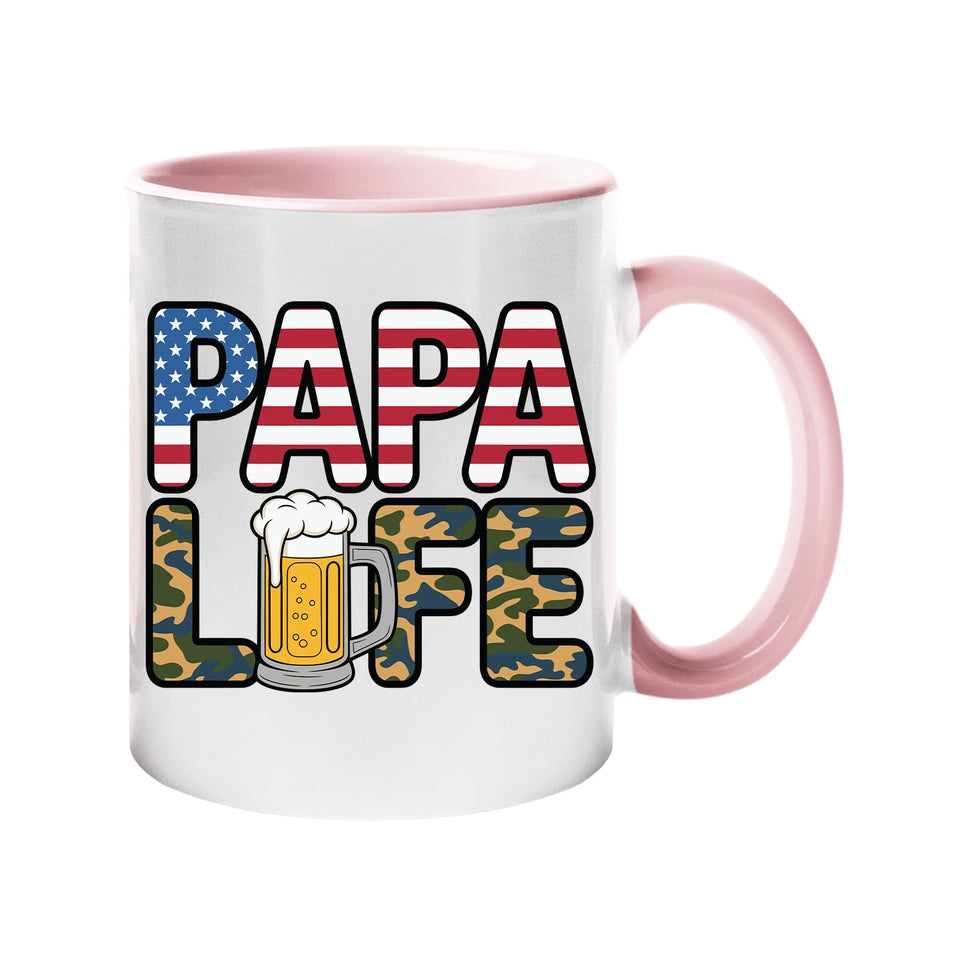 Colour handle mug with “Papa” in stars and stripes over camo “Life” with a frothy beer – light pink handle and inside