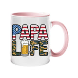 Colour handle mug with “Papa” in stars and stripes over camo “Life” with a frothy beer – light pink handle and inside
