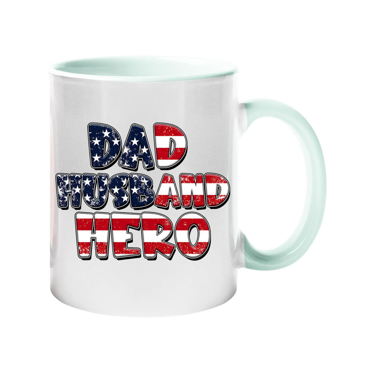 Colour handle mug with “Dad, Husband, Hero” in stars-and-stripes lettering – lime handle and inside