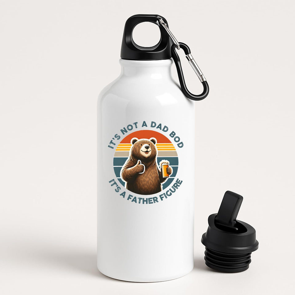 White aluminium water bottle with a thumbs-up bear with a beer on a retro sunset and “It’s not a dad bod, it’s a father figure”