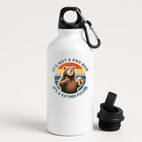 White aluminium water bottle with a thumbs-up bear with a beer on a retro sunset and “It’s not a dad bod, it’s a father figure”