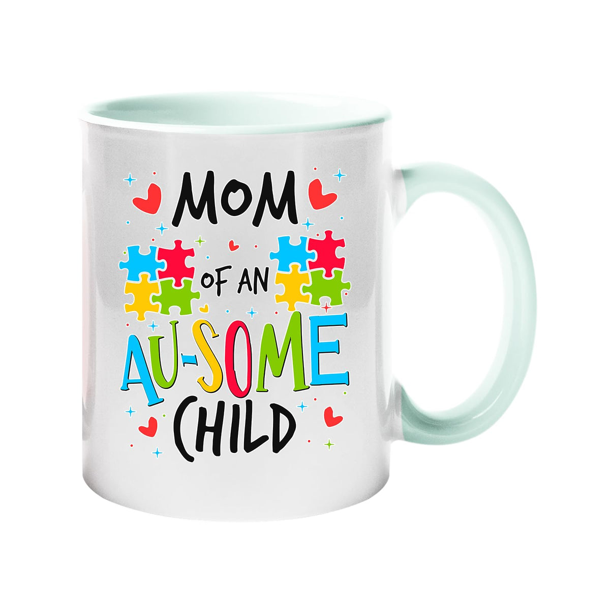 Colour handle mug with “Mom of an AU-SOME child” with colourful puzzle pieces and hearts – lime handle and inside