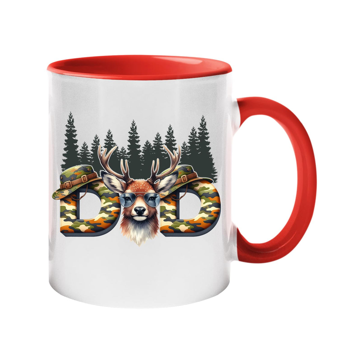 Colour handle mug with camo “DAD” letters with a stag’s head and pine forest – red handle and inside
