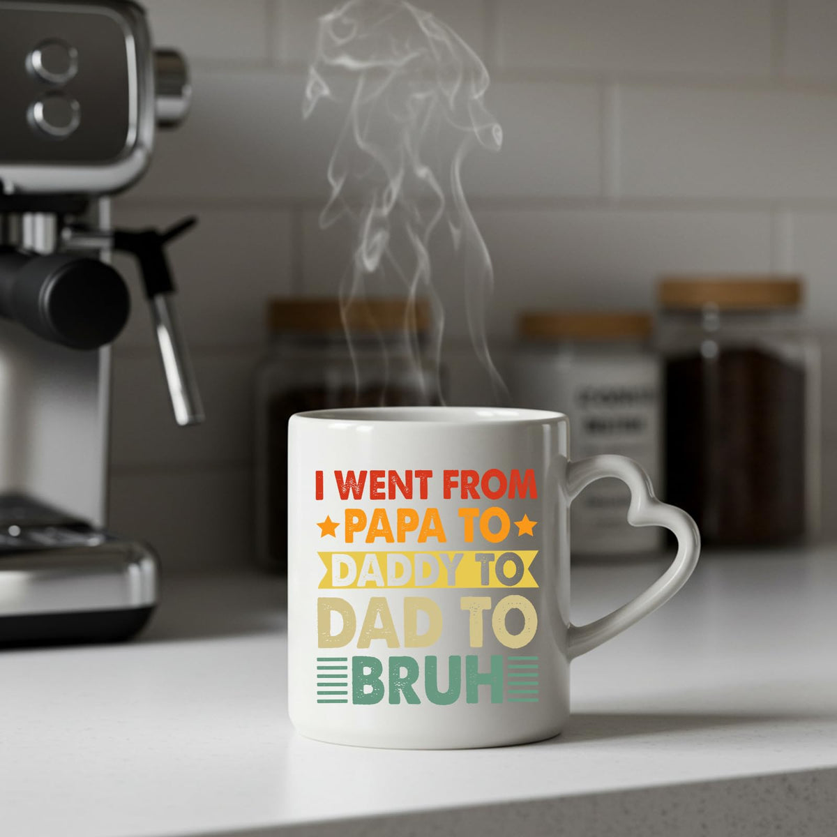 Steaming Papa to Bruh heart-handle mug on a kitchen counter