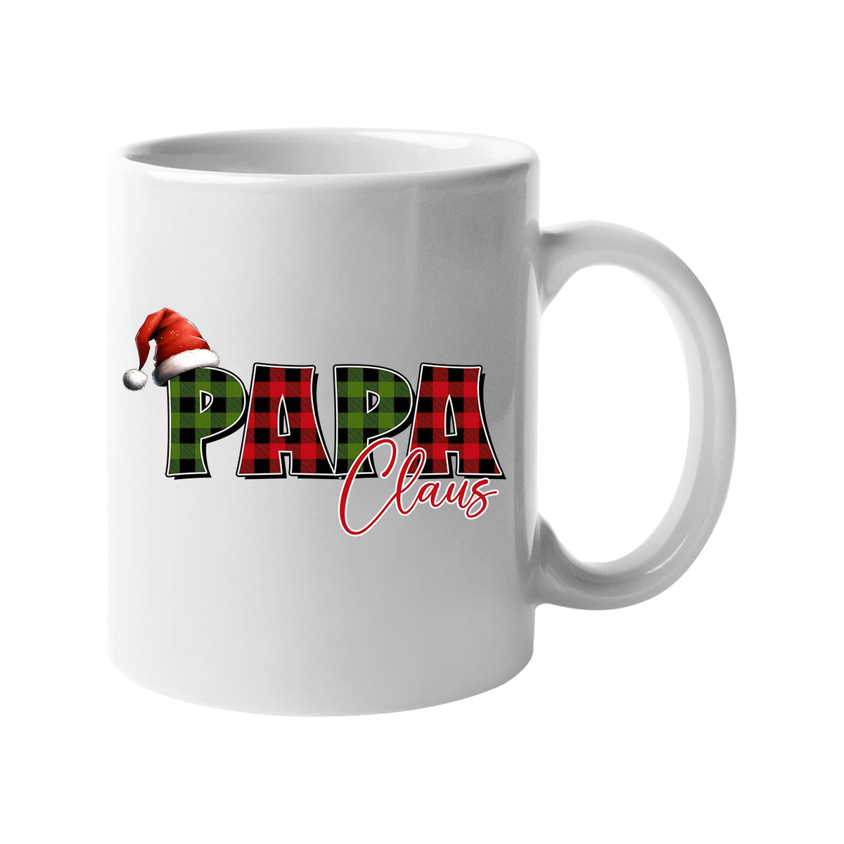 White mug with “Papa” in red and green plaid with a Santa hat and “Claus” in script