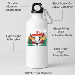 White aluminium water bottle with a bull skull, cacti and a retro desert sunset with “The Cool Dad”