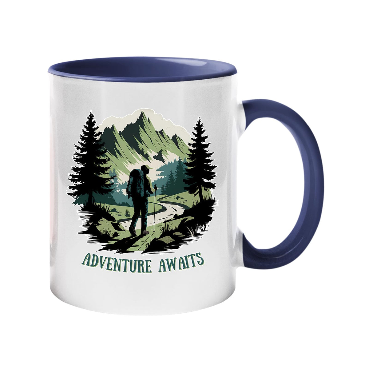 Colour handle mug with a hiker on a mountain trail between pine trees with “Adventure awaits” – dark blue handle and inside