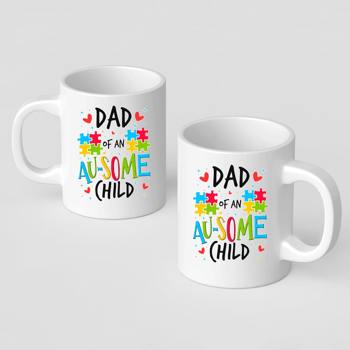 Front and back of the Dad of an Au-Some Child mug