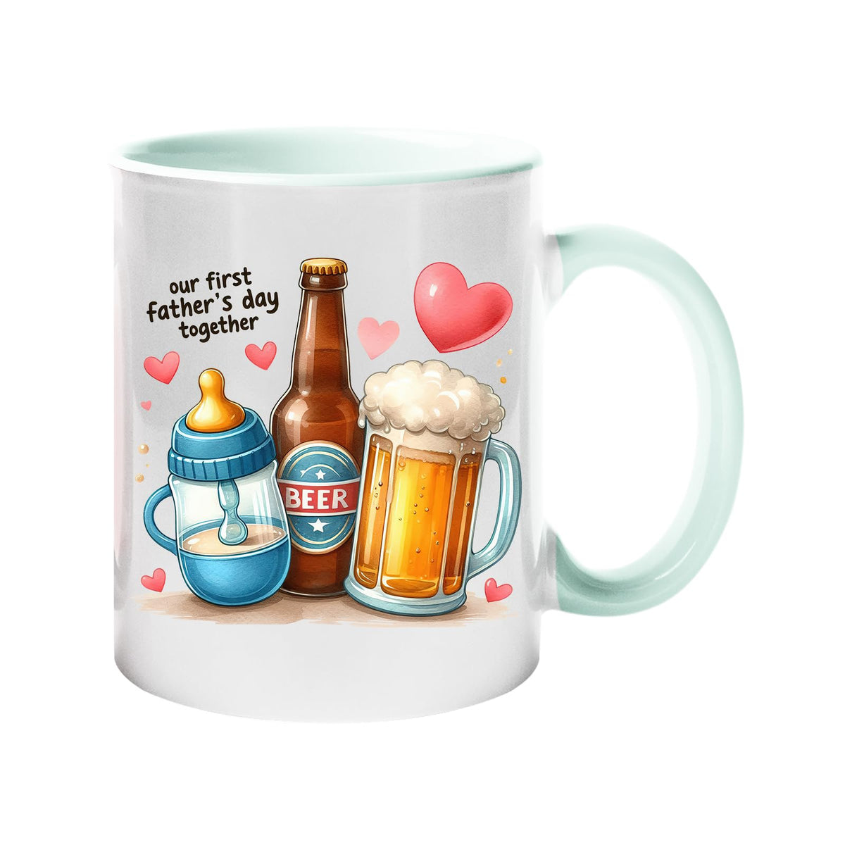 Colour handle mug with a baby bottle, a beer bottle and a frothy pint with hearts and “Our first Father’s Day together” – lime handle and inside