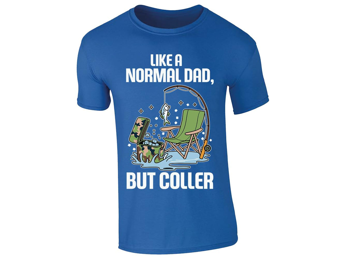 Royal blue men's T-shirt with a fishing dad in a camp chair design