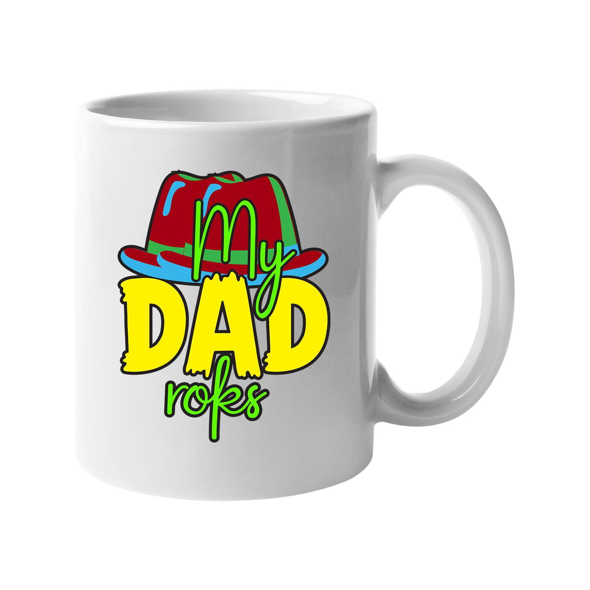 White mug with the colourful My Dad Rocks hat design