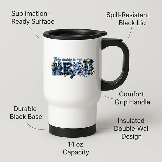 Travel mug with labels for spill-resistant lid, insulated double wall and 14oz capacity