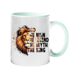 Colour handle mug with a lion’s head beside “Dad – the man, the legend, the myth, the king” – lime handle and inside