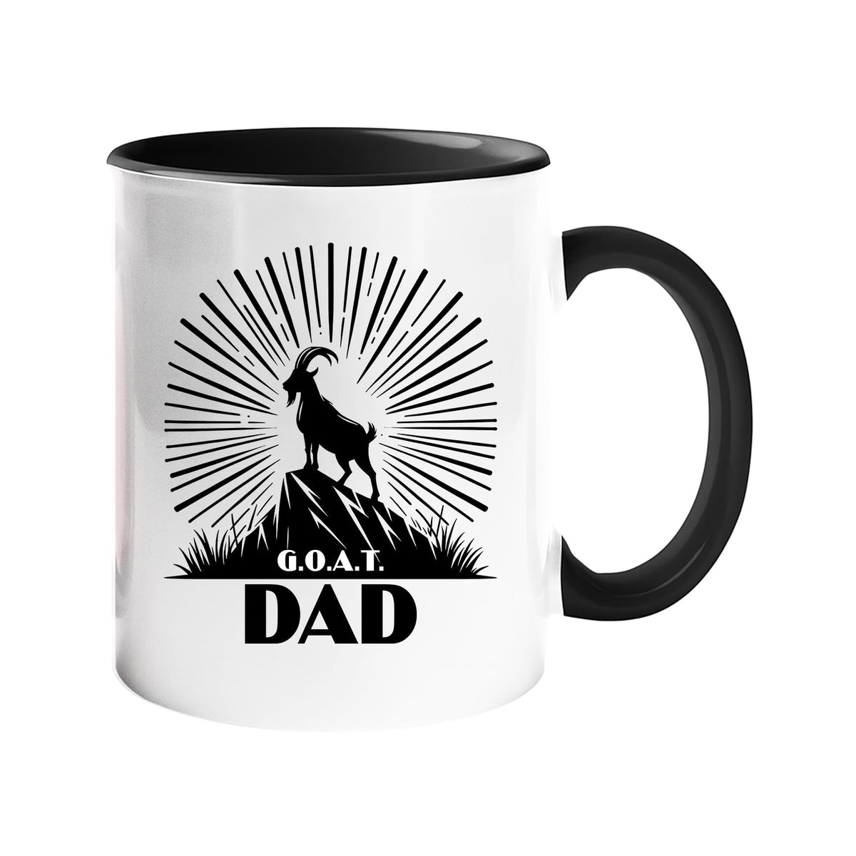 Colour handle mug with a mountain goat on a peak with a sunburst and “G.O.A.T. Dad” – black handle and inside