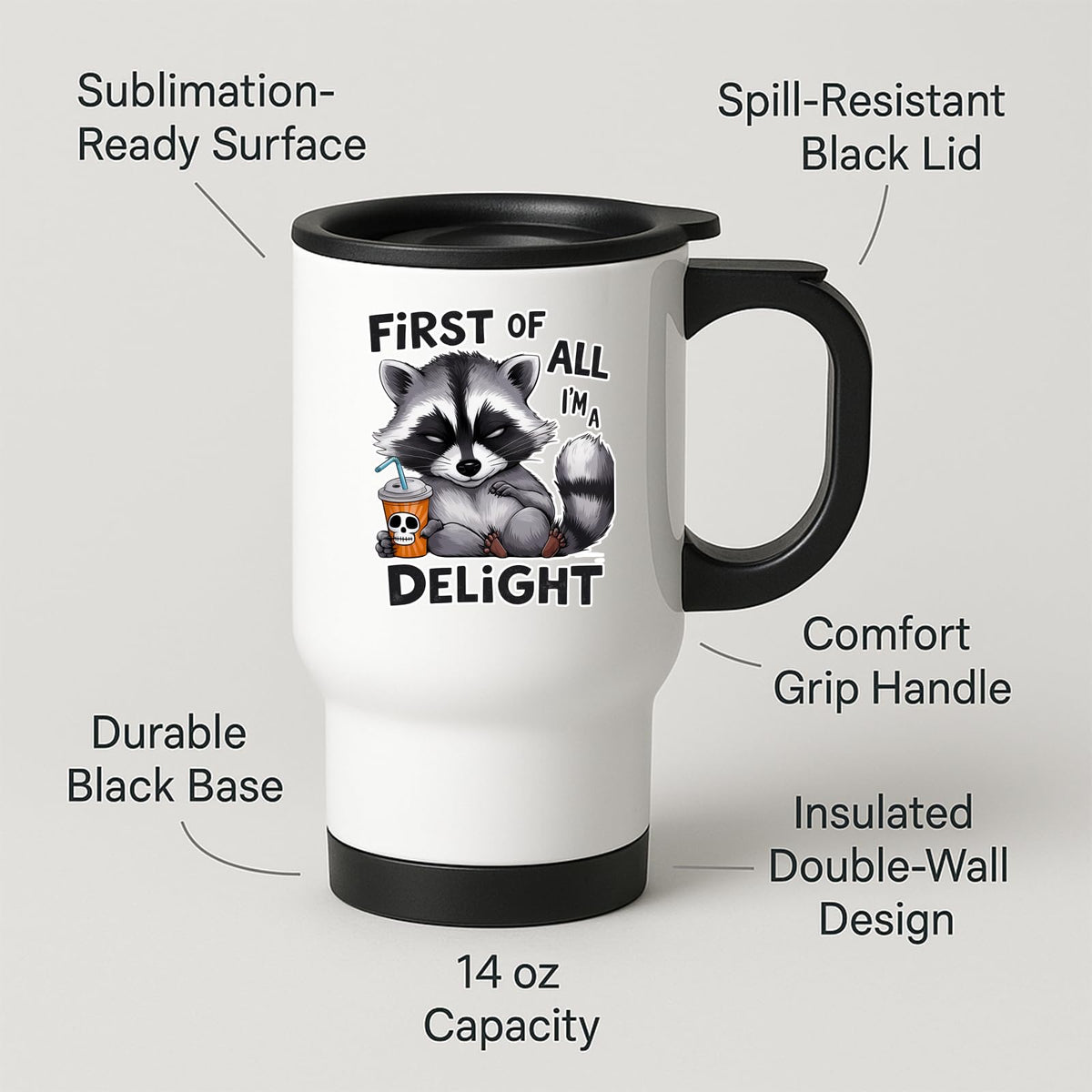 Travel mug with labels for spill-resistant lid, insulated double wall and 14oz capacity