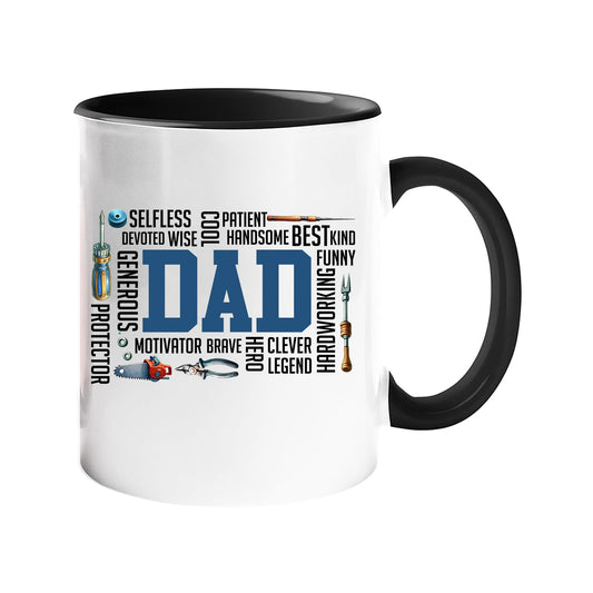 Colour handle mug with a big blue “DAD” surrounded by words like selfless, wise, funny, brave, hero and legend – black handle and inside