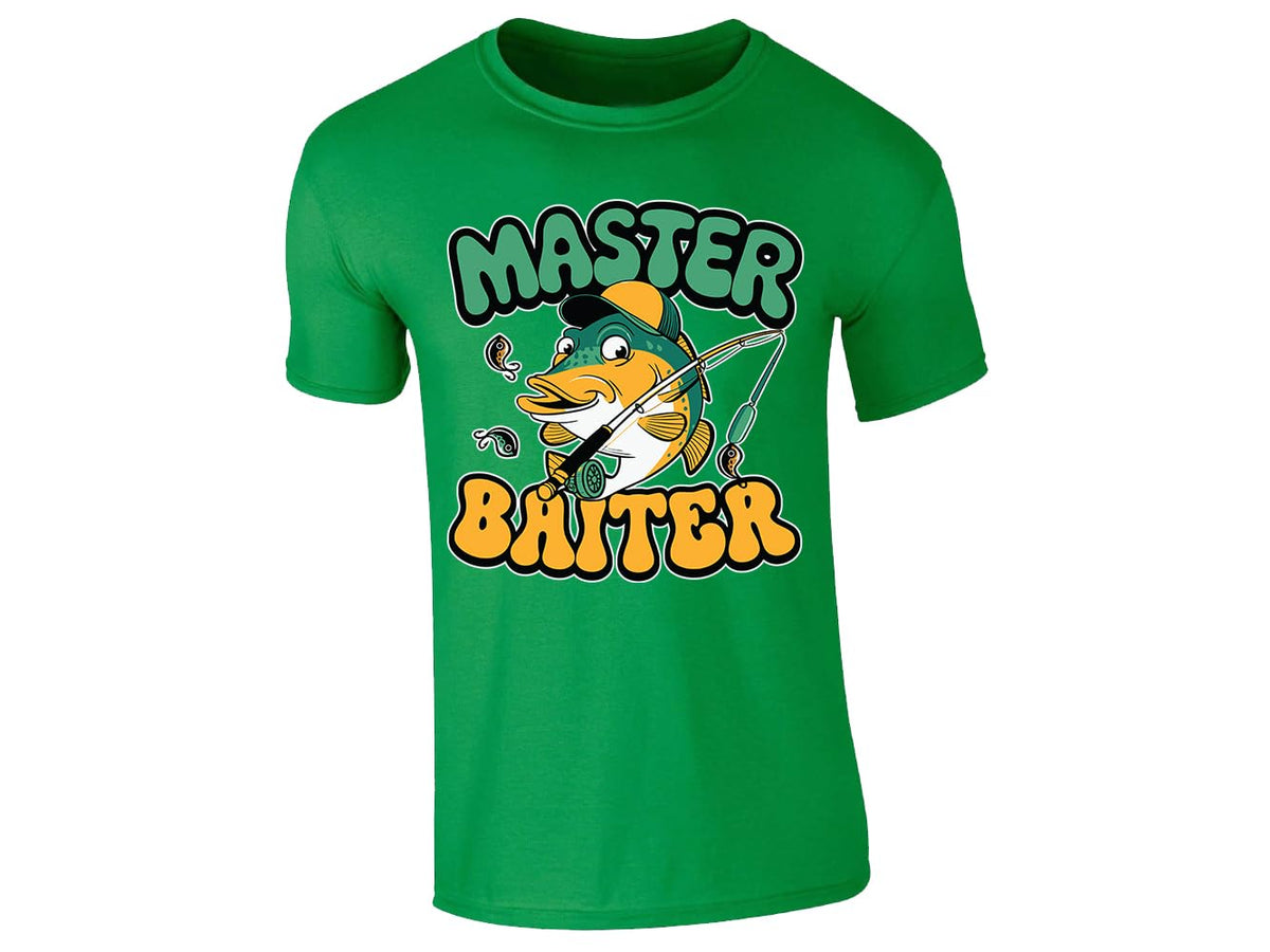 Irish Green men's T-shirt with “Master Baiter” cartoon fish design