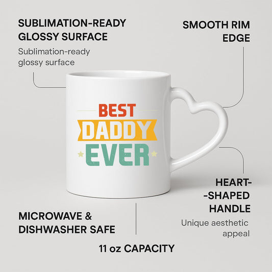 Heart-handle mug with labels for 11oz capacity, glossy surface and heart-shaped handle