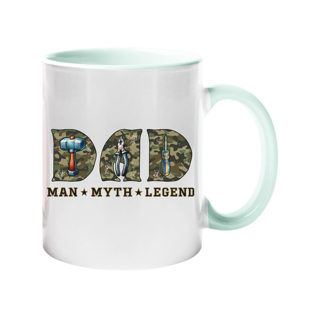Colour handle mug with camo “DAD” letters with a hammer, pliers and screwdriver above “Man ★ Myth ★ Legend” – lime handle and inside