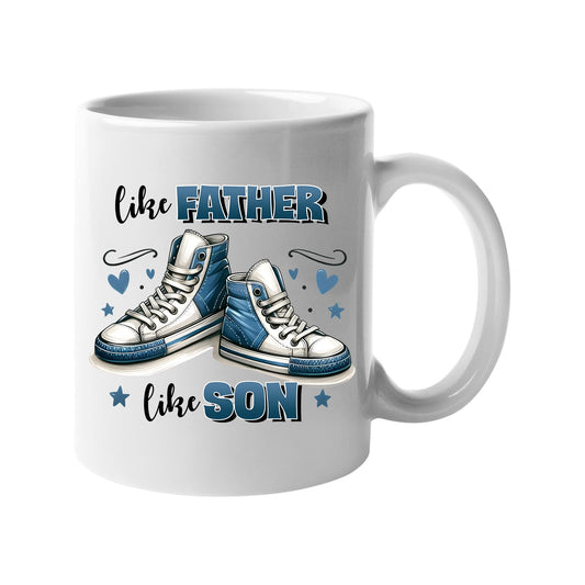 White mug with a pair of blue high-top sneakers with hearts and “Like father, like son”