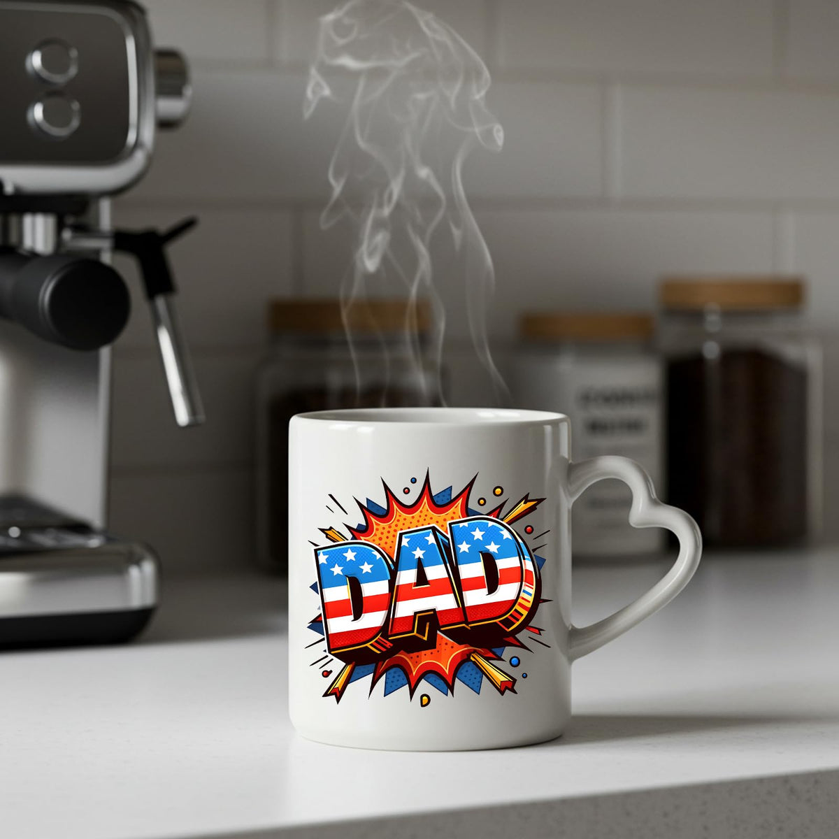 Steaming Stars and Stripes DAD heart-handle mug on a kitchen counter