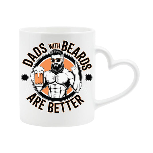 White heart-handle mug with a muscly bearded dad with a beer and “Dads with beards are better”