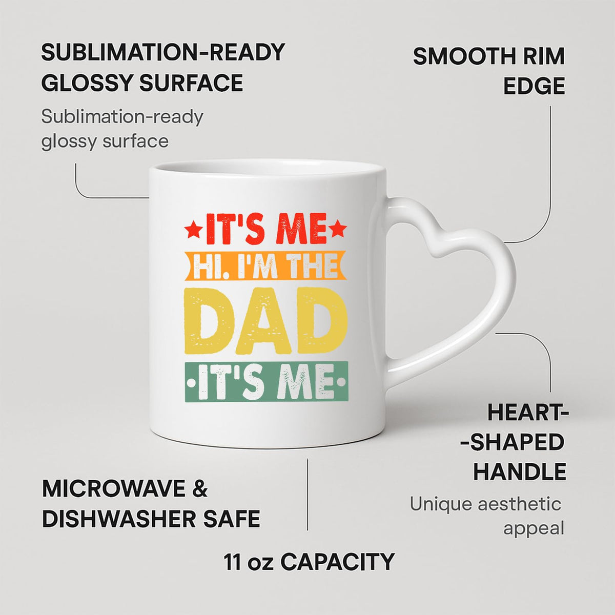 Heart-handle mug with labels for 11oz capacity, glossy surface and heart-shaped handle
